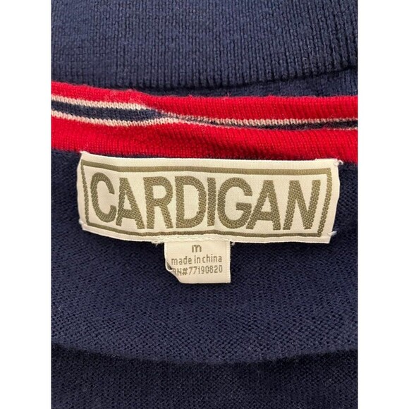 CARDIGAN 100% Merino Wool Men's Cardigan Navy Blue Red Stripe Button Sweater M - Picture 6 of 11